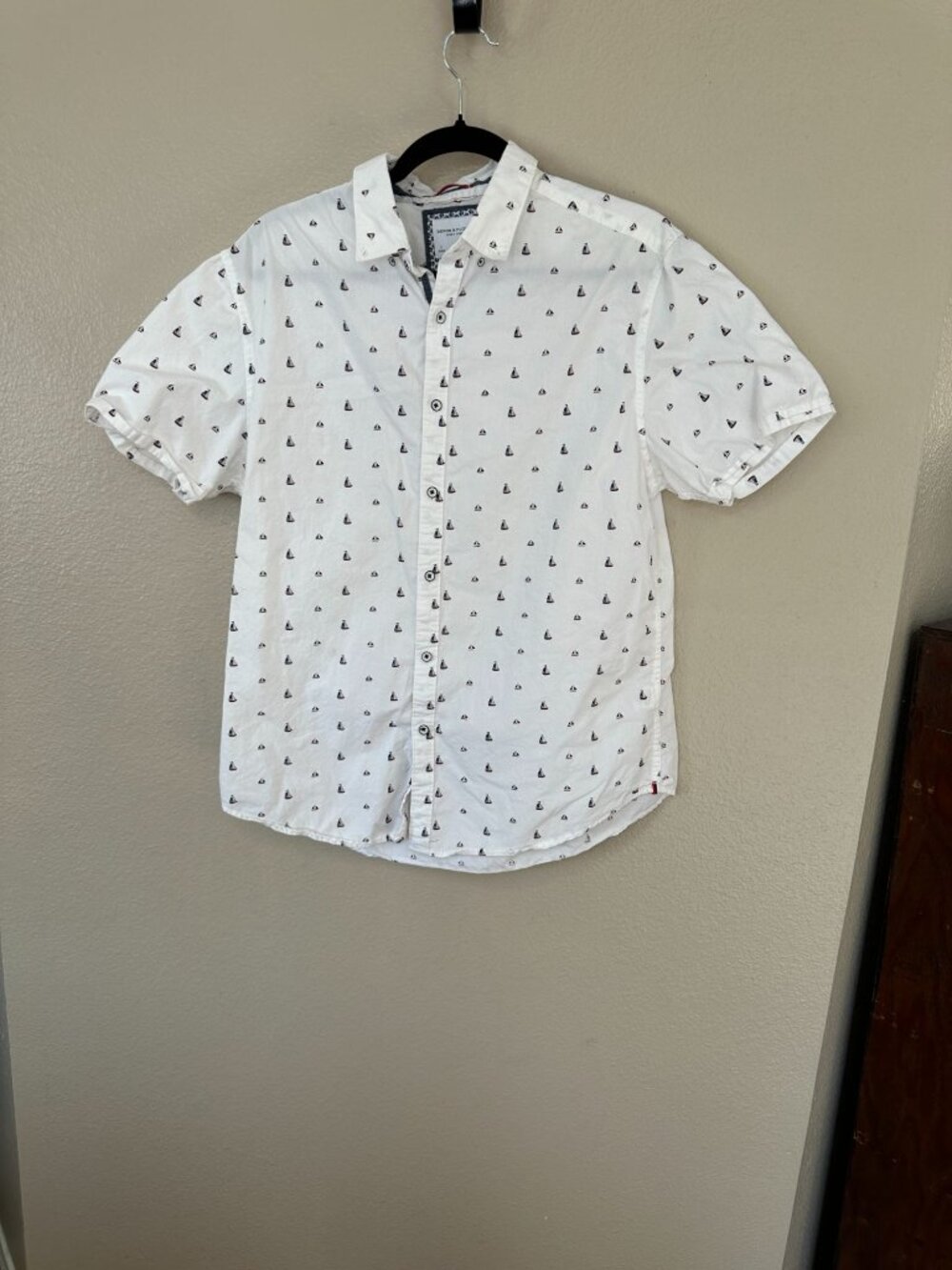 Denim & Flower Mens White Slim Fit Short Sleeve Shirt Sailboat L 100% Cotton